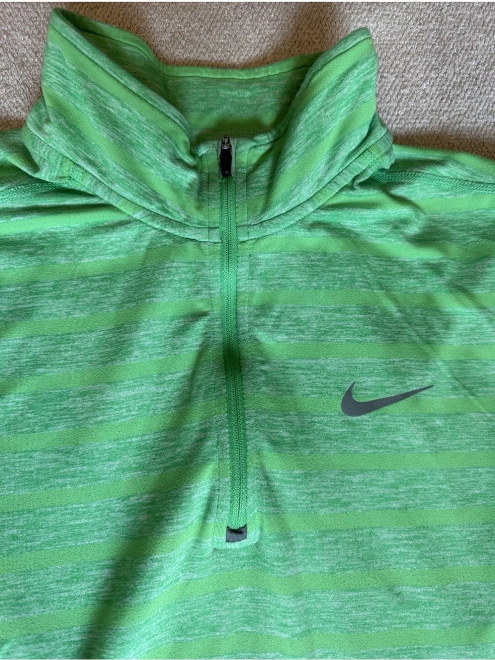 Nike Men’s Green Striped Quarter-Zip Pullover with Gray Swoosh